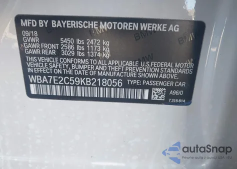 2019 BMW 740I z USA, uszkodzony, nr VIN WBA7E2C59KB218056